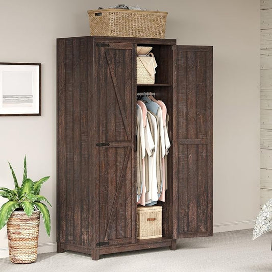 AMERLIFE Farmhouse Armoire Wardrobe Closet with 2 Barn Doors, 71'' Storage Cabinet with Hanging Rod & Shelf, Versatile Clothing Storage for Bedroom, Espresso
