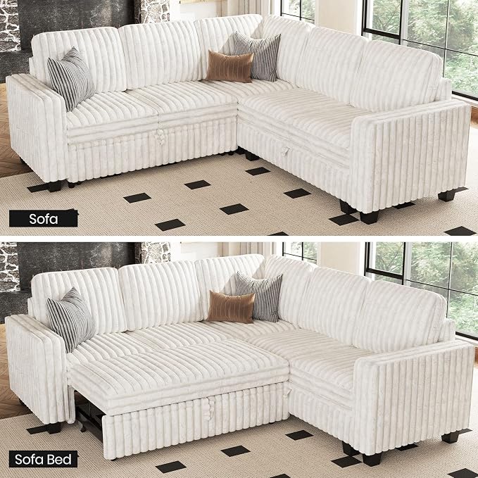Belffin Plush Corduroy Modular Sectional Sofa with Pull Out Bed Convertible Small Sectional Corner Couch for Living Room Beige Couch