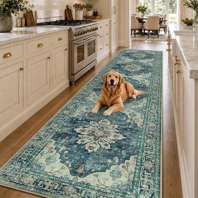 RELEANY Area Rugs Runner 3'x12' Washable Non-Slip, Floral Vintage Distress Medallion Carpet for Kitchen Hallway Bedroom Beside Laundry Room Bathroom, Dark Blue Vintage
