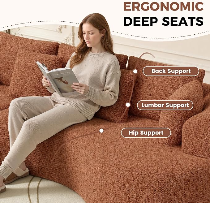 Luxanimarion 124" Curved Modular Sectional Sofa Oversized, L-Shape Boneless Couches for Living Room with Deep Seat and 7 Pillows, High-Density Memory Foam,Caramel Chenille Fabric, No Assembly Required