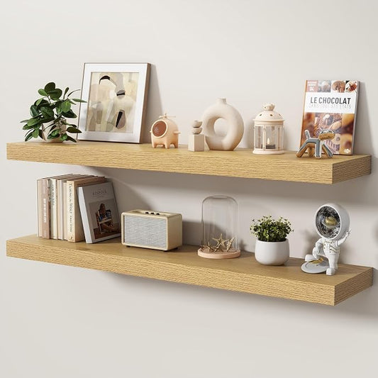Floating Shelves for Wall, 48 Inch x 8 Inch Deep Wall Mounted Wood Shelf with Invisible Brackets for Storage & Display, Living Room Bedroom Kitchen, Oak, Set of 2