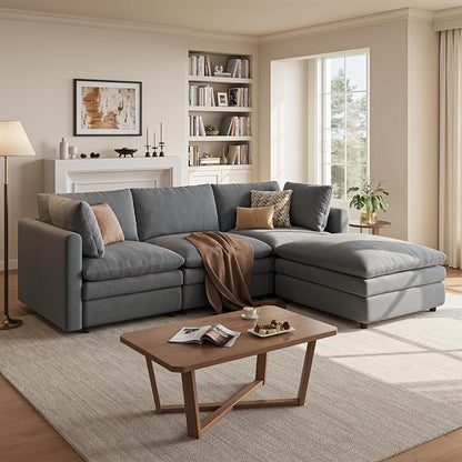 97" Cloud Couches for Living Room, 29.1" Deep Seat Modular Sectional Sofa, L Shaped Cloud Sofa with One Movable Ottoman