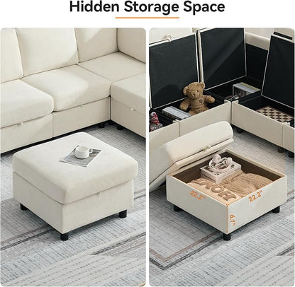 104'' V Shaped Modular Sofa, Sectional Couch with Storage for Living Room, Modern 7 Seater Cloud Sectional Couch with Movable Ottoman, Chenille Beige