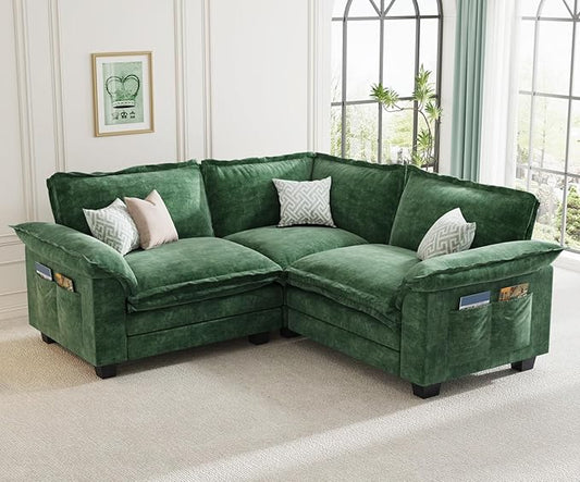 KKL V-Shaped Modular Sectional Sofa, 3 Seater Cloud Couch, Chenille Sectional Couches for Living Room, Apartment, Green