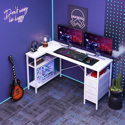 DUMOS L Shaped Desk with Shelf Drawers 55 Inch, White Corner Computer Desks Gaming with Power Outlet, Study Table with Adjustable Shelves, Home Office Tables for Bedroom Teacher Reading Writing