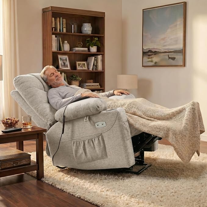 MCombo Power Lift Recliner Chair for Elderly, Electric Lift Chair with Extended Footrest, USB Ports, Cup Holders, Fabric 7287 (Oatmeal, Medium)