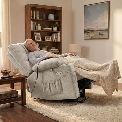 MCombo Power Lift Recliner Chair for Elderly, Electric Lift Chair with Extended Footrest, USB Ports, Cup Holders, Fabric 7287 (Oatmeal, Medium)