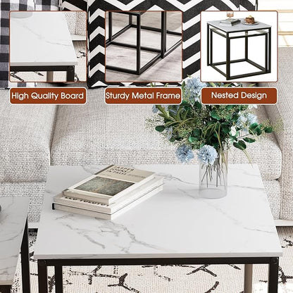 Garden 4 you Coffee Table Set of 2, Modern Faux Marble Nesting Table, Metal Frame Square Center Table Set, Side Tables, Nesting Coffee Table for Living Room, Bedroom and Small Spaces, 19.7in Black
