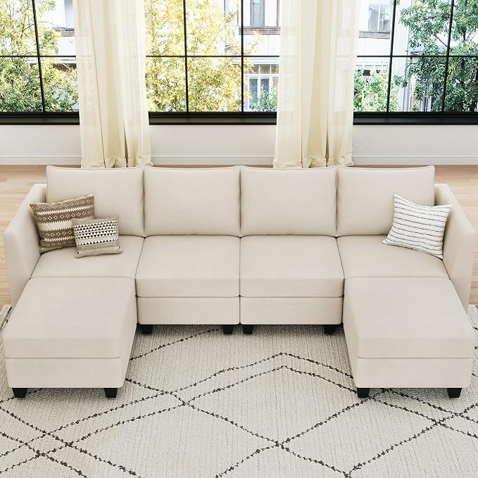 Belffin Modular Sectional Sofa U Shaped Couch with Storage Velvet Sectional Couch for Living Room Beige