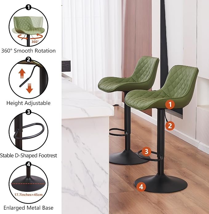 YOUTASTE Olive Green Bar Stools Set of 2, Mid-Century Modern Counter Height Stools for Kitchen Island, Faux Leather Upholstered, Swivel, Adjustable, Bar Chairs with Black Metal Base for Home Bistro