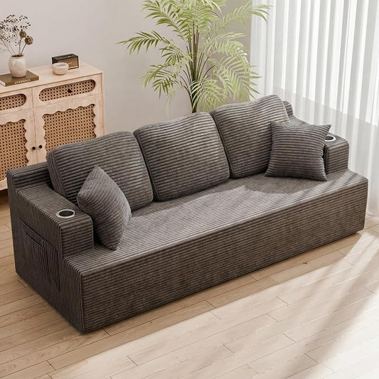 Homall 87” Boneless Sofa Couch with 2 Pillows Extra Deep Seats, Corduroy Fabric 3 Seater Sofa for Living Room with Cup Holder & Storage Pocket Upholstered Floor Sofa Easy Installation (Grey, 3 Seater)