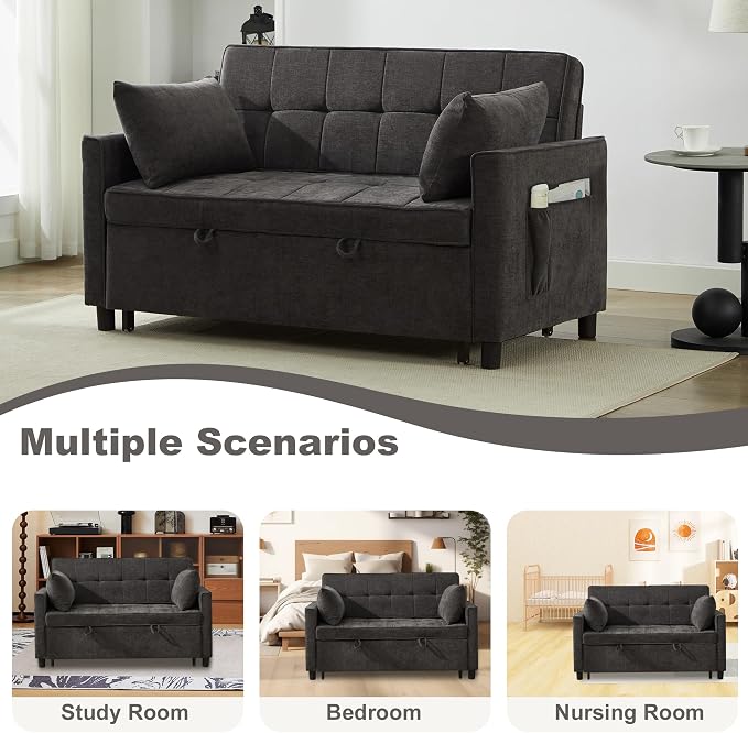 Tbfit 57" Convertible Sofa Bed, Chenille Futon Sleeper Sofa Couch with Pullout Bed, USB & Adjustable Backrest, Full Size Pull Out Loveseat Couches for Living Room, Apartment, Office, Dorm, Dark Grey