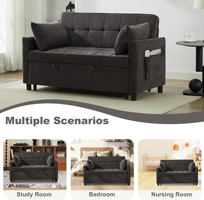 Tbfit 57" Convertible Sofa Bed, Chenille Futon Sleeper Sofa Couch with Pullout Bed, USB & Adjustable Backrest, Full Size Pull Out Loveseat Couches for Living Room, Apartment, Office, Dorm, Dark Grey