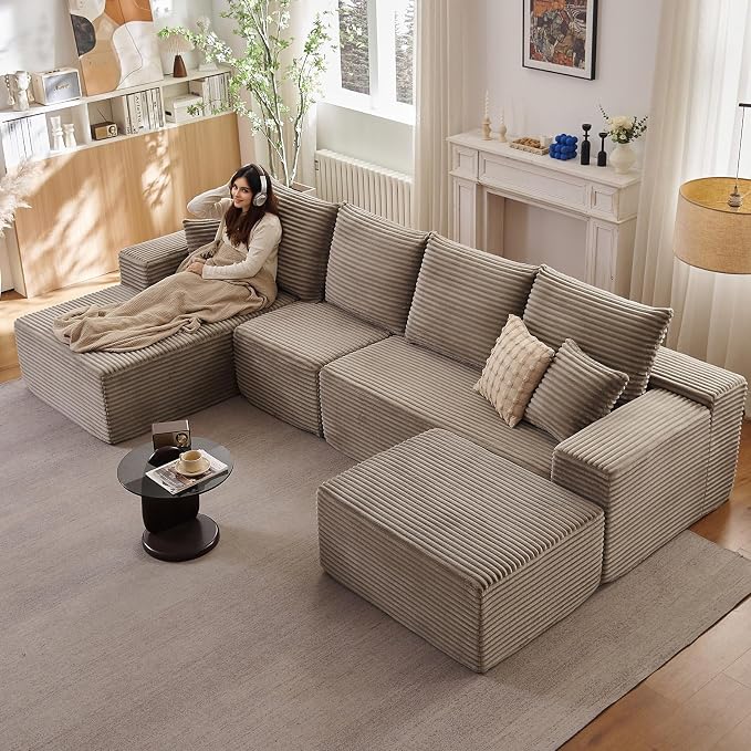 135" Modular Sectional Sofa with U Shaped Chaise, Upholstered Couches for Living Room with Deep Seat, No Assembly Required, Corduroy Cloud Couches, Camel(Left-Facing Chaise