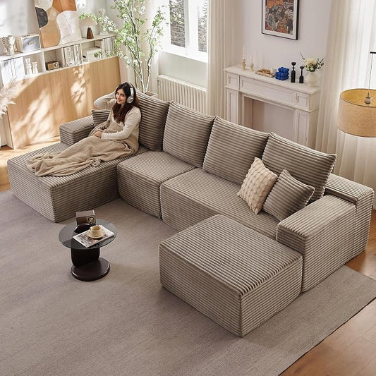 135" Modular Sectional Sofa with U Shaped Chaise, Upholstered Couches for Living Room with Deep Seat, No Assembly Required, Corduroy Cloud Couches, Camel(Left-Facing Chaise