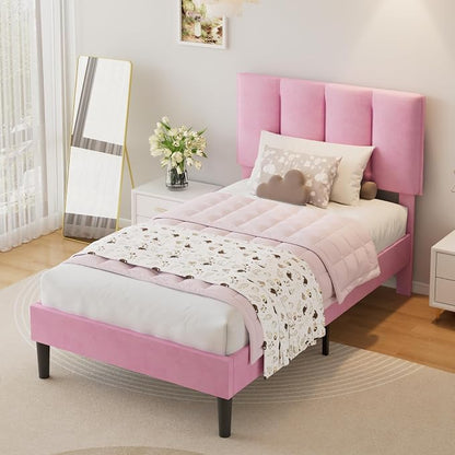 VECELO Twin Size Bed Frame with Upholstered Headboard, Heavy-Duty Bedframe with Wooden Slats & Steel Framework, Easy Assembly, Velvet & Pink