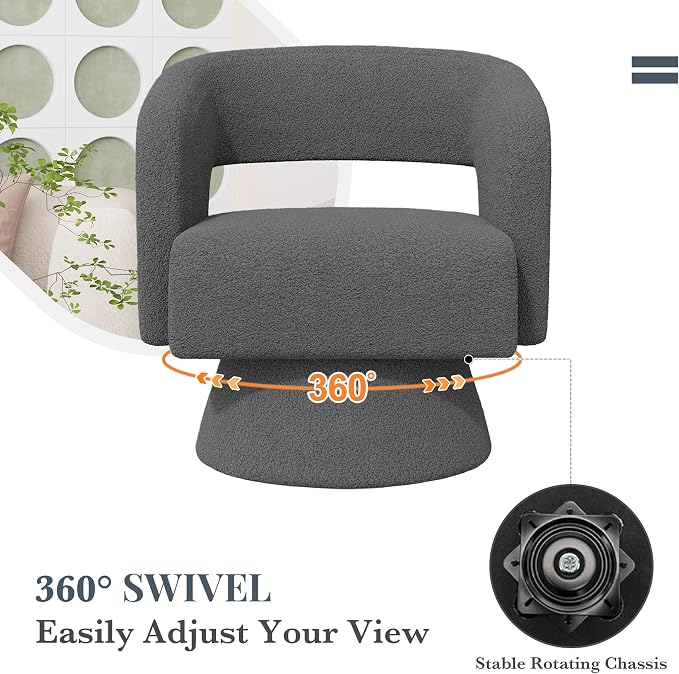 Luxanimarion Swivel Barrel Accent Chair,Oversized Teddy Upholstered Round Swivel Chair,Modern Luxury 360 Degree Living Room Vanity Chair for Bedroom Office,Gray,1PCS