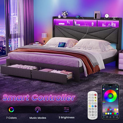 Driftalia Full Size Bed Frame with 2-Tier Storage Headboard, Upholstered Full Bed Frame with 2 Drawers, Charging Station and LED Lights, No Box Spring Needed, Easy Assembly - Dark Grey