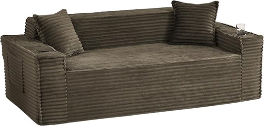 80.7" Boneless Sofa Couches with Cup Holder,3 Seat Couch with Side Pocket, Cloud Couch for Compact Living Rooms, Apartments (Brown, 3 Seat Sofa)