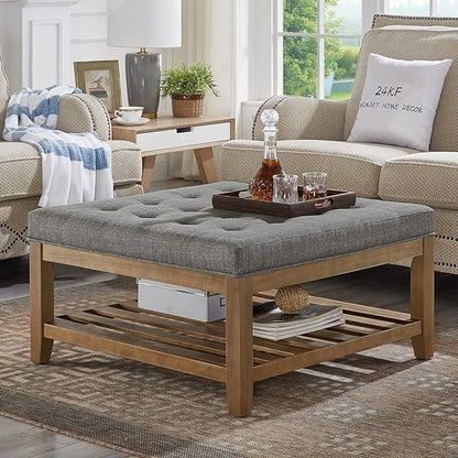 24KF Large Square Upholstered Tufted Linen Ottoman Coffee Table, Large Footrest Ottoman with Solid Wood Shelf-Granite