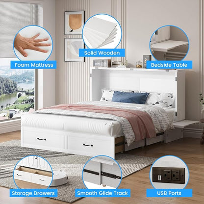 PUREMIND Queen Murphy Bed with Mattress Included, Murphy Cabinet Bed with Storage Drawer, Built-in Charging Station, Solid Wood Frame, Space-Saving Cabinet Beds for Small Spaces/Guest Room (White)