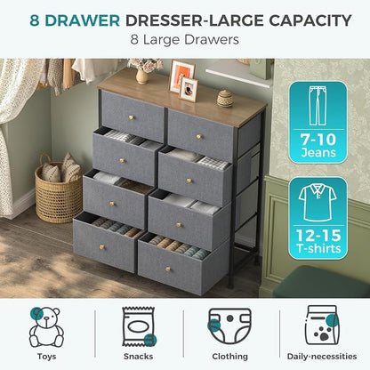 OLIXIS 8 Drawer Storage Dresser with Wood Top - Wide Fabric Chest Organizer for Bedroom, Closet, Living Room,Tower Cabinet, TV Stand, Hallway Entryway Furniture,Gray Blue