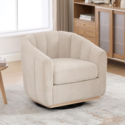 Swivel Barrel Chair, 360 Degree Round Swivel Accent Chair for Living Room, Mid Century Modern Upholstered Accent Chair,Comfy Tufted Sofa Armchairs for Bedroom,Nursery,Boucle,Wheat