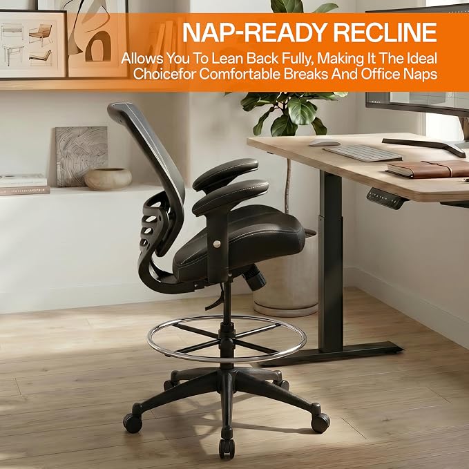 BOLISS 400lbs Mid Back Premium Leather Ergonomic Drafting Chair Office for Adjustable Desk Wide Chair Built-in Lumbar Support Adjustable Foot Ring Height Adjustable Armrest (Black Leather)