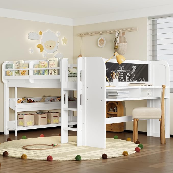 Bellemave Full Size Low loft Bed with Desk and bookcases, Boxes and Drawers for Kids,Wood Modern Farmhouse Kids Loft Beds with Shelf, White
