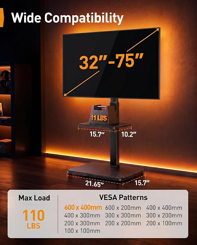 Perlegear Floor TV Stand with LED Lights for 34-75 inch TVs up to 110 lbs, Max VESA 600x400mm, Swivel, Tilt, 12 Height Levels, TV Backlights with Music Sync, Solid Wood Base, PGFS21B