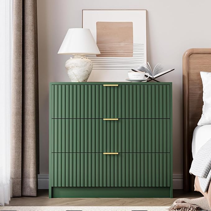 MAISONARIA 3-Piece Dresser Bedroom Set, 6 Drawer Dresser & 3 Drawer Nightstands with Gold Handles, Fluted Wood Chest of Drawers for Bedroom, Living Room, Entryway, Green