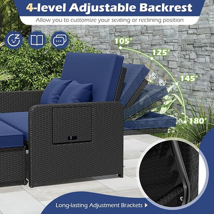 Tangkula Patio Rattan Daybed with 4-Level Adjustable Backrest, Outdoor PE Wicker Loveseat with Storage Ottoman & Folding Side Tray, Double Sunbed Lounger for Balcony, Backyard & Poolside (Navy)
