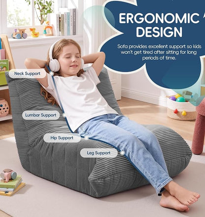 Hobestluk Small Bean Bag Chair Faux Fur Fabric BeanBag Couch for Playroom | Grey Corduroy,Ergonomic Design,Memory Foam,Strong Supportive,No Assembly Required,Decorative Style for Living Room Bedroom