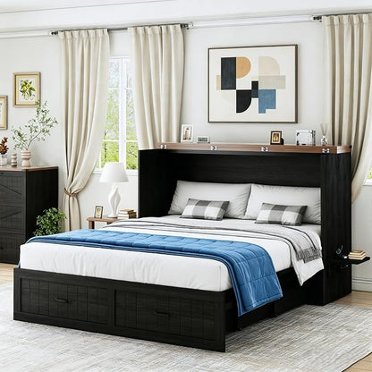 Full Murphy Bed with Charging Station, Farmhouse Noisy-Free Foldable Cabinet Bed Frame with Storage Drawer, Space Saving Hideaway Wall Bed for Guest Bedroom, Living Room, Office, Black