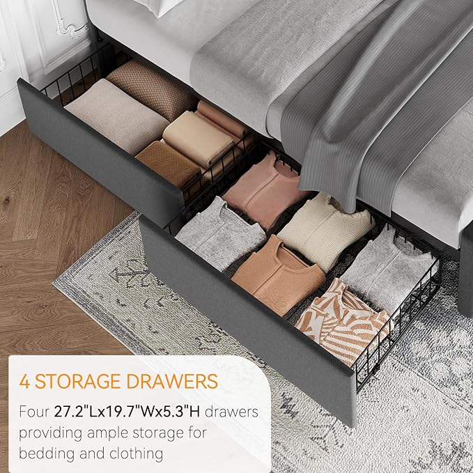IDEALHOUSE Queen Size Bed Frame with 4 Storage Drawers and Headboard, Linen Upholstered Platform Bed Frame with Wooden Slats Support, Button Tufted Design, No Box Spring Needed, Dark Grey