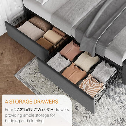IDEALHOUSE Queen Size Bed Frame with 4 Storage Drawers and Headboard, Linen Upholstered Platform Bed Frame with Wooden Slats Support, Button Tufted Design, No Box Spring Needed, Dark Grey