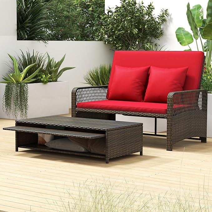 Tangkula Patio Adjustable Wicker Daybed, Rattan Loveseat & Storage Ottoman w/ 4-Level Backrest & Soft Cushions, Space-Saving 2-Person Sun Lounger for Backyard, Porch (Red)