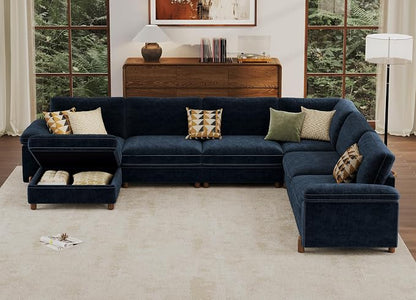 SITJOY Large Cloud Couch, 138" Wide 6 Seater U Shape, Chenille in Navy Blue | Detachable and Washable Chenille Cover Sectional Sofas for Living Room, Deep Seat Wide Couch with Chaise, Storage Ottoman