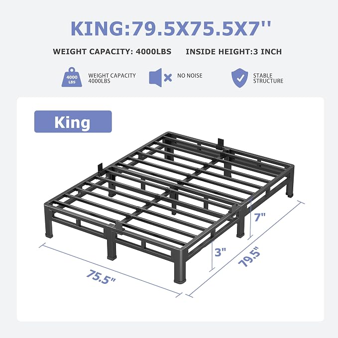 NKZ 7 Inch King Size Bed Frame, Metal Bed Frame & Box Spring 2 in 1 Platform with Round Corner Legs, 4000Lbs Heavy Duty Low-Profile Frame, Mattress Slide Stopper, Noise-Free, Easy Assembly