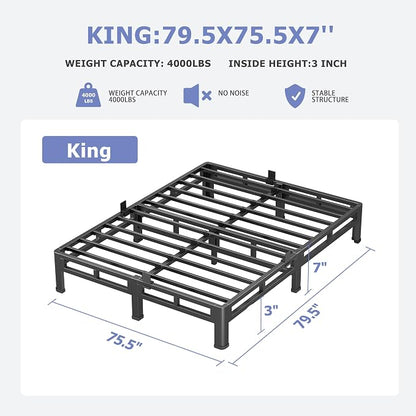 NKZ 7 Inch King Size Bed Frame, Metal Bed Frame & Box Spring 2 in 1 Platform with Round Corner Legs, 4000Lbs Heavy Duty Low-Profile Frame, Mattress Slide Stopper, Noise-Free, Easy Assembly