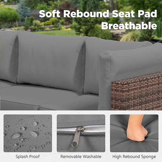 LHBcraft 7 Pieces Outdoor Wicker Rattan Patio Furniture, Wicker Rattan Outdoor Sectional Sofa Set with Coffee Table & Grey Cushions for Garden