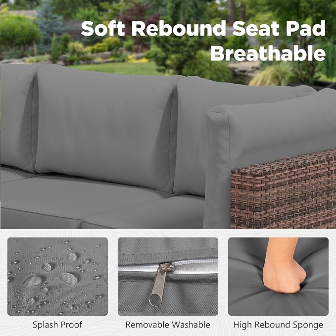LHBcraft 7 Pieces Outdoor Wicker Rattan Patio Furniture with Rain Cover, Wicker Rattan Outdoor Sectional Sofa Set with Coffee Table & Gery Cushions for Garden, Poolside