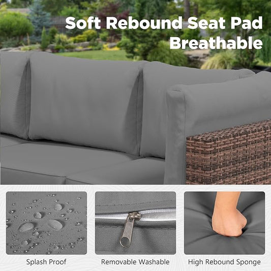 LHBcraft 7 Pieces Outdoor Wicker Rattan Patio Furniture with Rain Cover, Wicker Rattan Outdoor Sectional Sofa Set with Coffee Table & Gery Cushions for Garden, Poolside