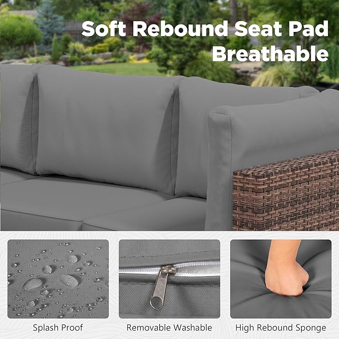 LHBcraft Patio Furniture Set with Rain Cover,7 Pieces Outdoor Wicker Rattan Patio Furniture, Wicker Rattan Outdoor Sectional Sofa Set with Coffee Table for Garden, Poolside Taupe-Grey