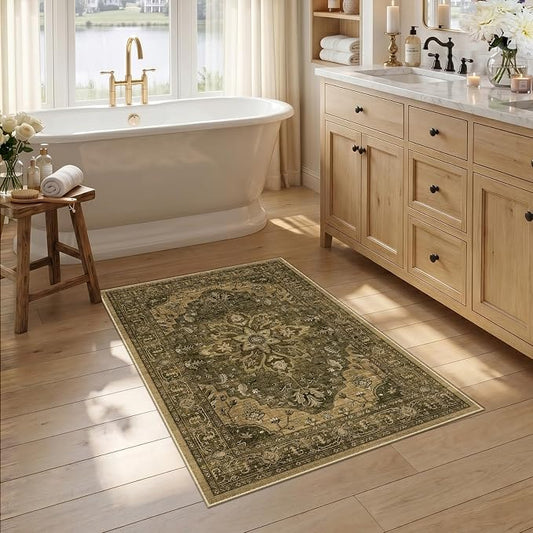 RELEANY Area Rugs Small 2'6"x4' Washable Non-Slip, Floral Vintage Distress Medallion Carpet for Kitchen Entryway Bathroom, Brown Dark Brown