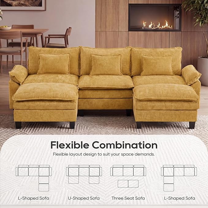 URRED Oversized Modular Sectional Sofa, 122" U Shaped Modern Comfy Cloud Couch with Movable Ottoman & Pillows, Deep Seat Couches for Living Room, Bedroom or Apartment (Chenille Yellow, 122" U Shaped)