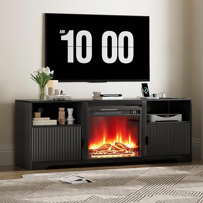 Mxtxmy Fireplace TV Stand for Television up to 80 Inch,Entertainment Center with Adjustable Shelf,Mid-Century Modern Fluted TV Stand with 23" Electric Fireplace,Media Console for Living Room,Bedroom