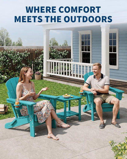 Garvee Folding Adirondack Chair Set of 2 with Side Table, HDPE Outdoor Patio Chair with Cup Holder, All Weather Resistent Wooden Textured for patios, Decks, Gardens, fire Pit, Lake Blue