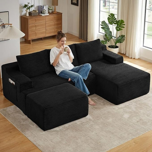 96" Cloud Sectional Couch U-Shaped Chaise with Ottoman, Corduroy Boneless Couch for Living Room Bedroom, Deep-Seat Upholstered Modular Cloud Sofa, No Assembly Required (Black, Right Facing Chaise)