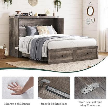 LUXOAK Full Murphy Bed with 6" White Tri-Fold Memory Foam Mattress, Storage Drawer & Charging Station, Space-Saving Design for Home Office or Guest Room, Rustic Grey